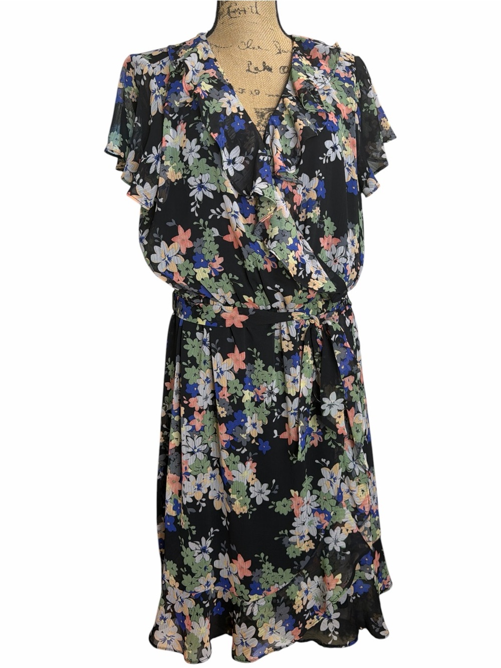 Emma & Michele Black Floral Wrap Dress with Pastel Blooms. EC. Size X-Large